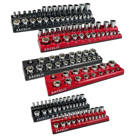 6-Piece Magnetic Socket Organizer Set, 1/2 inch, 1/4 inch and 3/8 inch SAE & Metric Deep & Shallow Socket Holder Kit, holds 141 stanard Sockets, attaches to steel box/tool cart (sockets not included)