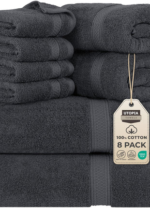 Utopia Towels 8 Piece Premium Towel Set, 2 Bath, 2 Hand, and 4 Wash Cloths, 600 GSM 100% Ring Spun Cotton, Highly Absorbent Towels for Bathroom, Gym, Hotel, and Spa, Grey