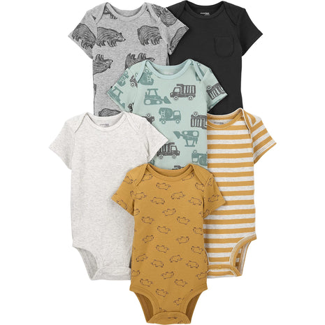 Simple Joys by Carter's Baby Boys' 6-Pack Short-Sleeve Bodysuits, Bear/Construction/Rhino/Stripe, 18 Months