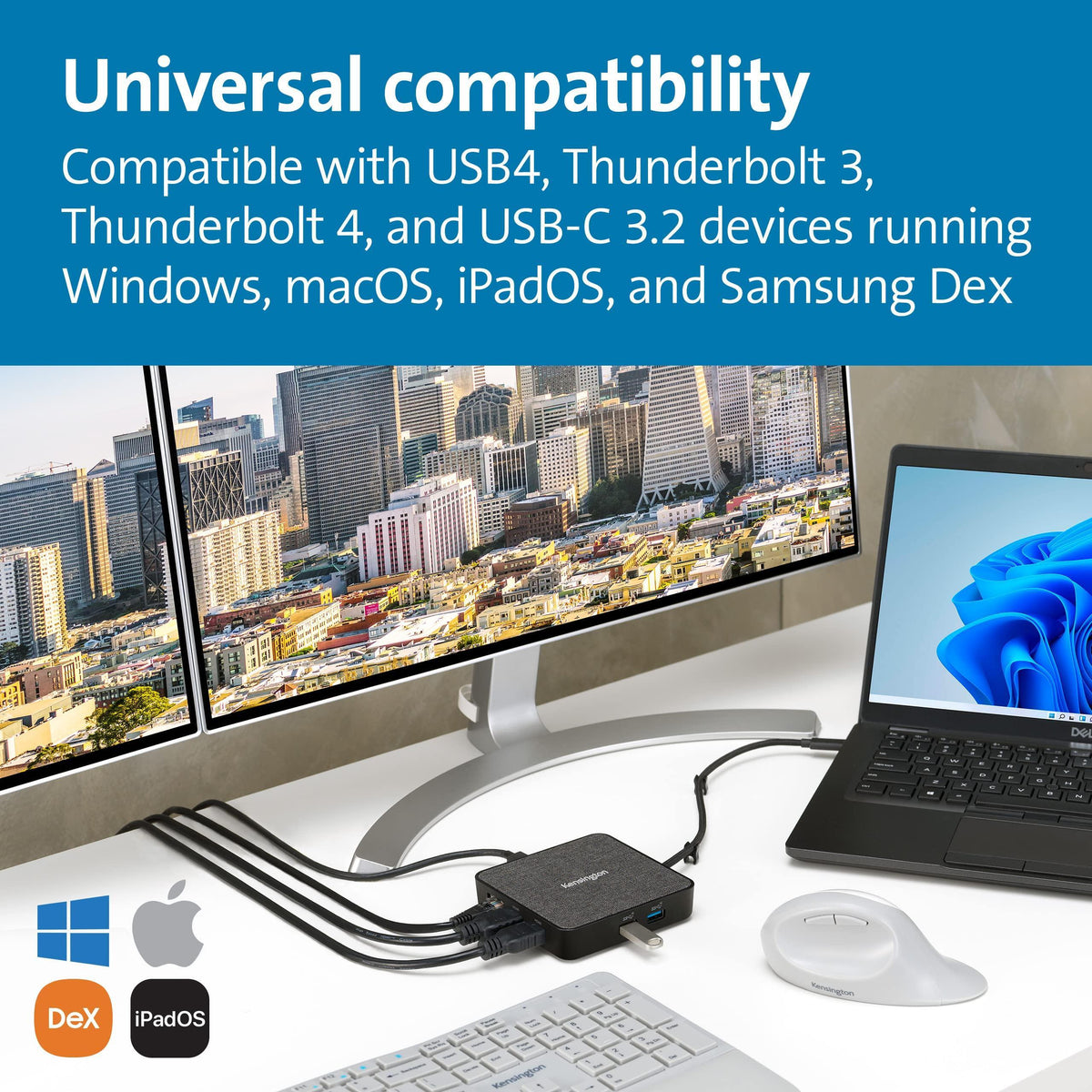 Kensington MD120U4 USB4 Hub, Dual Display 4K @120hz, Single 8K @60hz, HDMI, 100W Power Pass Through, 2.5Gbps Ethernet, 10Gbps USB-A, for Mac and Windows (K32850WW)