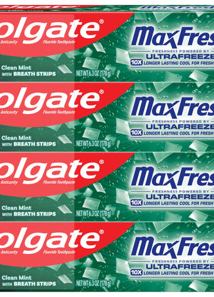 Colgate MaxFresh Clean Mint Toothpaste Pack, Fresh Breath Toothpaste with Fluoride and Hundreds of Mini Breath Strips, Leaves Mouth Feeling Refreshed for Hours, 4 Pack, 6.3 oz