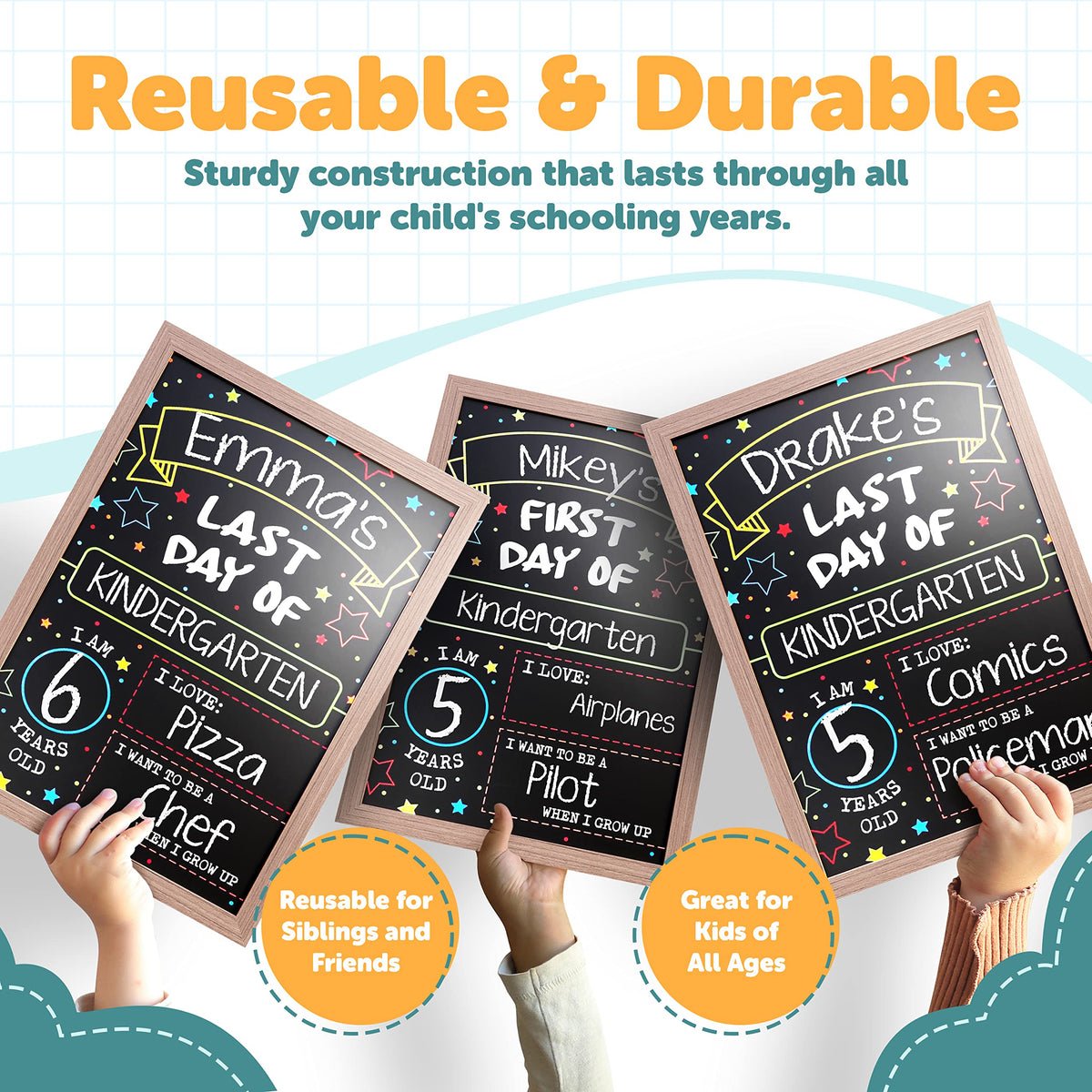 First Day Last Day of School Double Sided Sign with Frame (Reusable Dry Erase Board for Liquid Chalk Markers - 9.17" x 13.27")