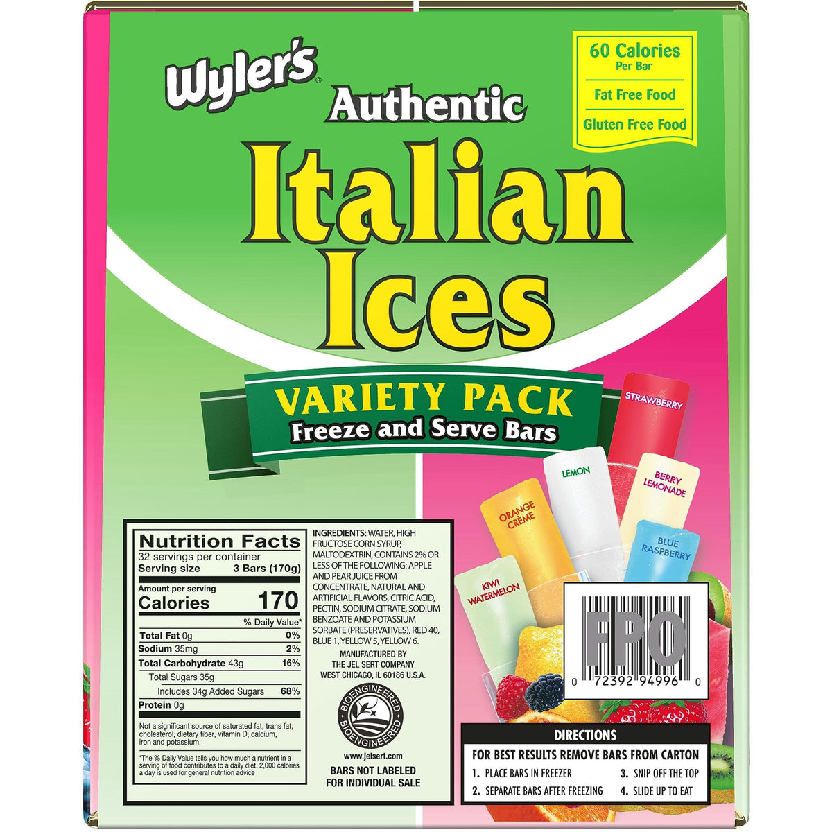 Wyler's Authentic Italian Ice, Fat Free Freezer Bars, Assorted Flavors (96ct - 2oz bars)