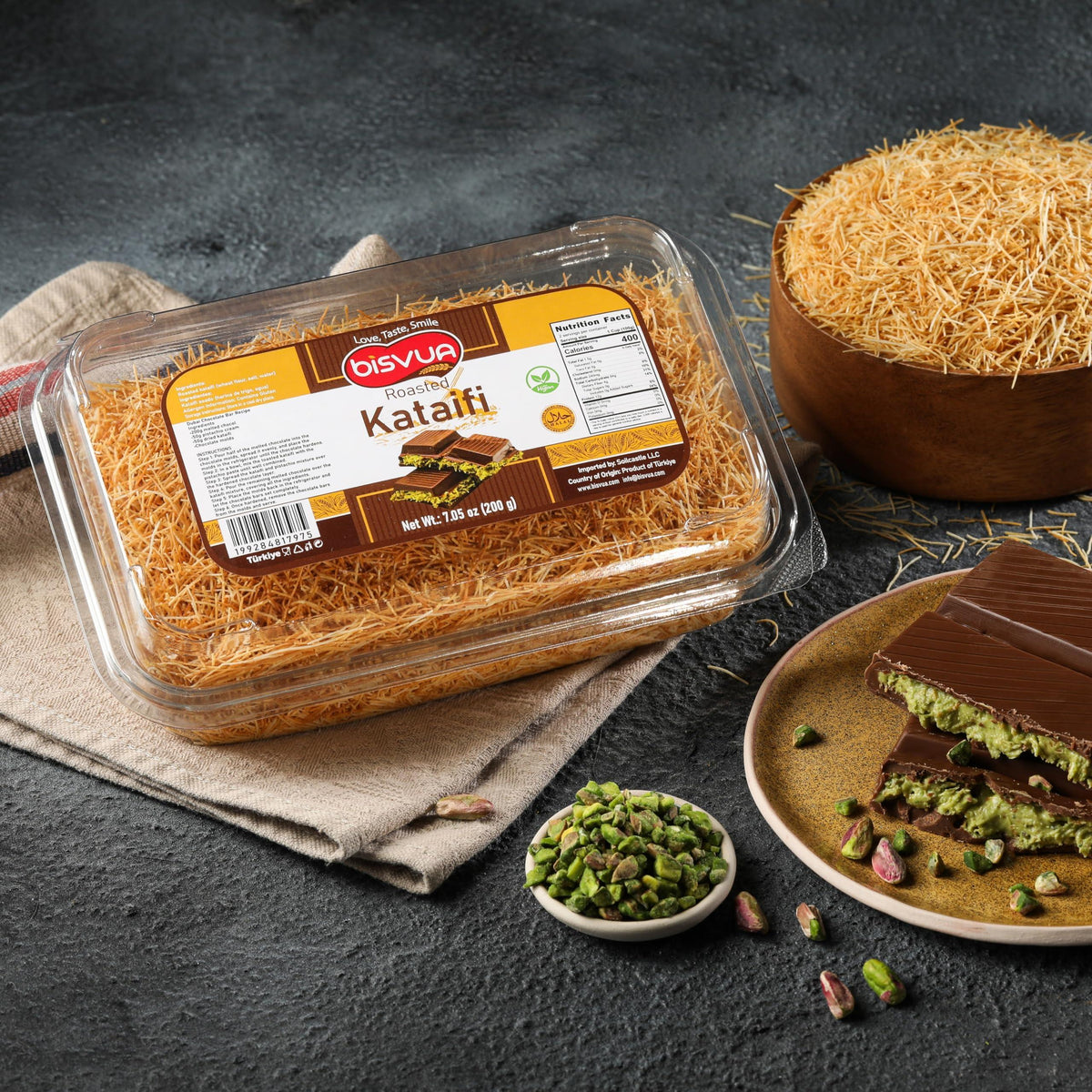 BISVUA Premium Roasted Kataifi 200g (7.1 oz) – Golden Toasted Shredded Fillo Dough for Dubai Chocolate Bars, Pistachio Cream Recipes, Kunafa, Knafeh & Crunchy Dessert Creations