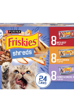 Purina Friskies Gravy Wet Cat Food Variety Pack, Shreds With Beef, With Chicken, and Turkey and Cheese Dinner - (Pack of 24) 5.5 oz. Cans