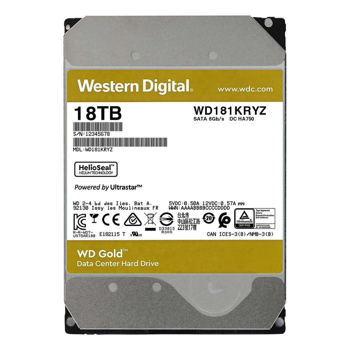 Western Digital 18TB WD Gold Enterprise Class Internal Hard Drive - 7200 RPM Class, SATA 6 Gb/s, 512 MB Cache, 3.5" - WD181KRYZ