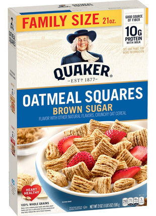 Quaker Oatmeal Squares Breakfast Cereal, Brown Sugar, 21oz Family Size Box