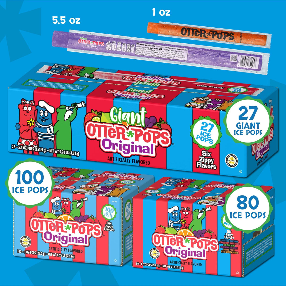 Otter Pops, Original Assorted Freezer Pops, 1oz Freeze Pops in Six Zippy Flavors, 100 Count, (85100)