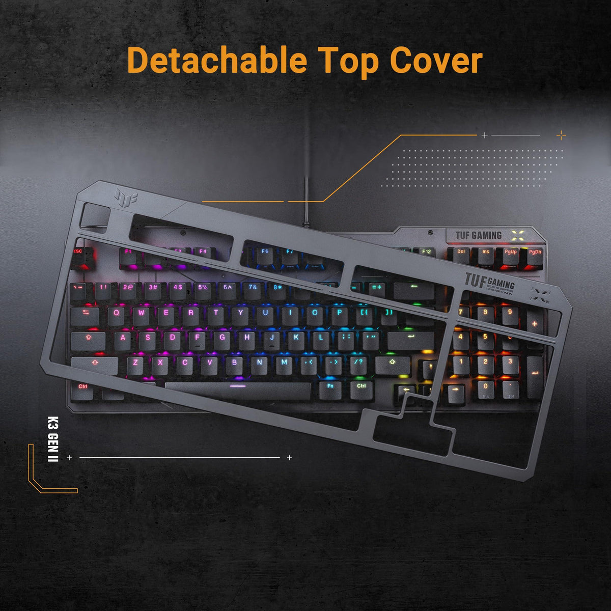 ASUS TUF Gaming K3 Gen II keyboard with compact 97-key, optical-mechanical RGB Blue (Clicky) switches, silicone-gasket mount, dampening foam, IP57 waterproofing, a detachable top plate, and Aura Sync.