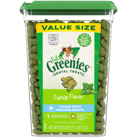 Greenies Cat Treats, Feline Veterinarian-Recommended Adult Natural Dental Treats, Catnip Flavor, 9.75 oz. Tub