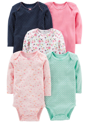 Simple Joys by Carter's Baby Girls' 5-Pack Long-Sleeve Bodysuit, Mint Green/Navy Dots/Pink/Butterflies/Floral, 18 Months