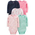 Simple Joys by Carter's Baby Girls' 5-Pack Long-Sleeve Bodysuit, Mint Green/Navy Dots/Pink/Butterflies/Floral, 18 Months