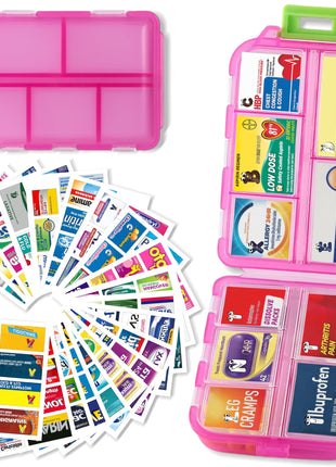 Pill Organizer with Medicine Labels Travel Daily Pill Container Mini Medication Organizer Storage Pill Organizer Travel Essentials Pill Case 7 Day (Pink & 161 Lables)