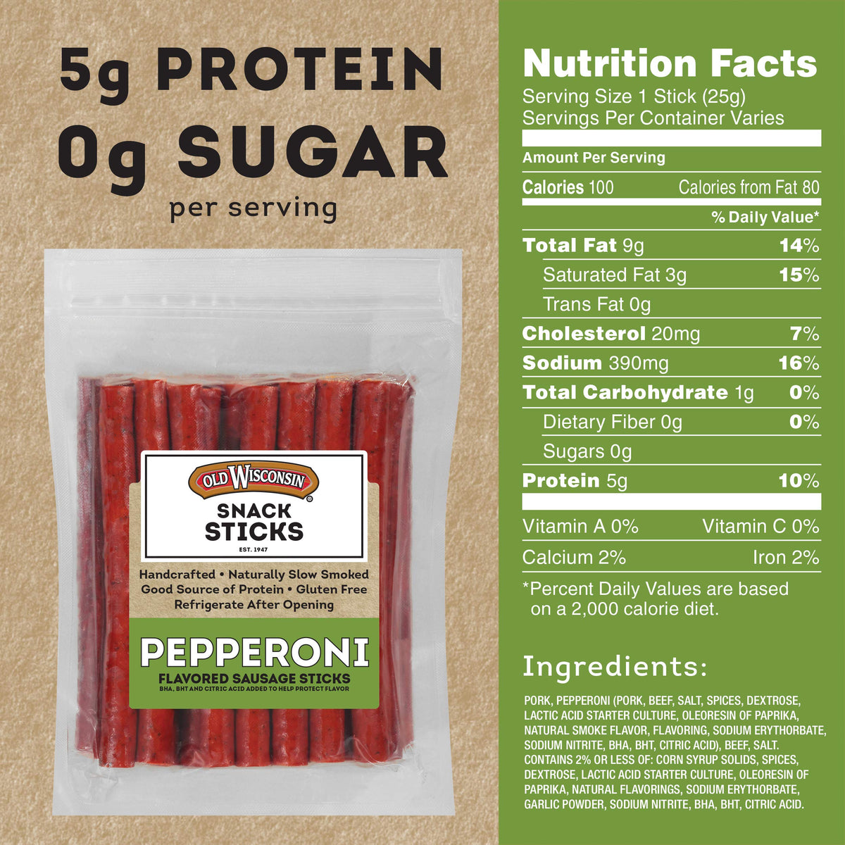Old Wisconsin Pepperoni Sausage Snack Sticks, Naturally Smoked, Ready to Eat, High Protein, Low Carb, Keto, Gluten Free, 28 Ounce Resealable Package