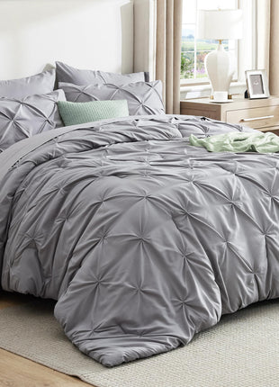 Bedsure Queen Comforter Set Grey - Bed in a Bag Queen Size 7 Pieces, GentleSoft™ Pintuck Bed Set Gift for Family, Pinch Pleat All Season Comforter with Sheets, Pillowcases & Shams