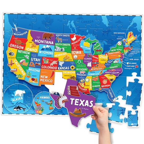 United States Puzzles for Kids Ages 4-6, 6-8, 3-5 - Educational Toys for Boys & Girls - 70Pcs USA Map Kids Puzzles with 50 States & Capitals - Floor Jigsaw Kids Puzzle - Learning Activities Gifts