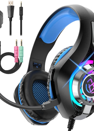 Tatybo Gaming Headset for PS5 PC, Noise Canceling Mic, RGB, Black Blue | Over Ear, Deep Bass Stereo Sound for FPS, Battle Royale, Lightweight for Xbox, PS4, Mobile, Nintendo, 3.5mm devices