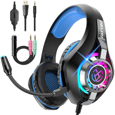 Tatybo Gaming Headset for PS5 PC, Noise Canceling Mic, RGB, Black Blue | Over Ear, Deep Bass Stereo Sound for FPS, Battle Royale, Lightweight for Xbox, PS4, Mobile, Nintendo, 3.5mm devices