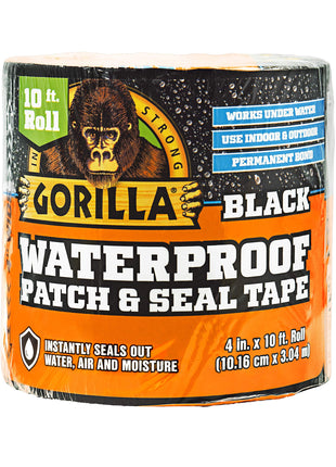 Gorilla Waterproof Patch & Seal Tape, Black Tape, 4 inch x 10' (Pack of 1) - Permanent Weather Resistant Seal for Leaks and Repairs