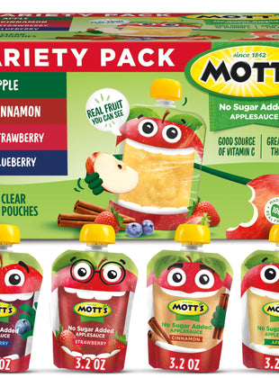 Mott's No Sugar Added Applesauce Variety Pack, 4 Flavors – Apple, Strawberry, Cinnamon & Blueberry, Made from Real Fruit, No Artificial Flavors, 3.2 Clear Pouches, 20 Pack