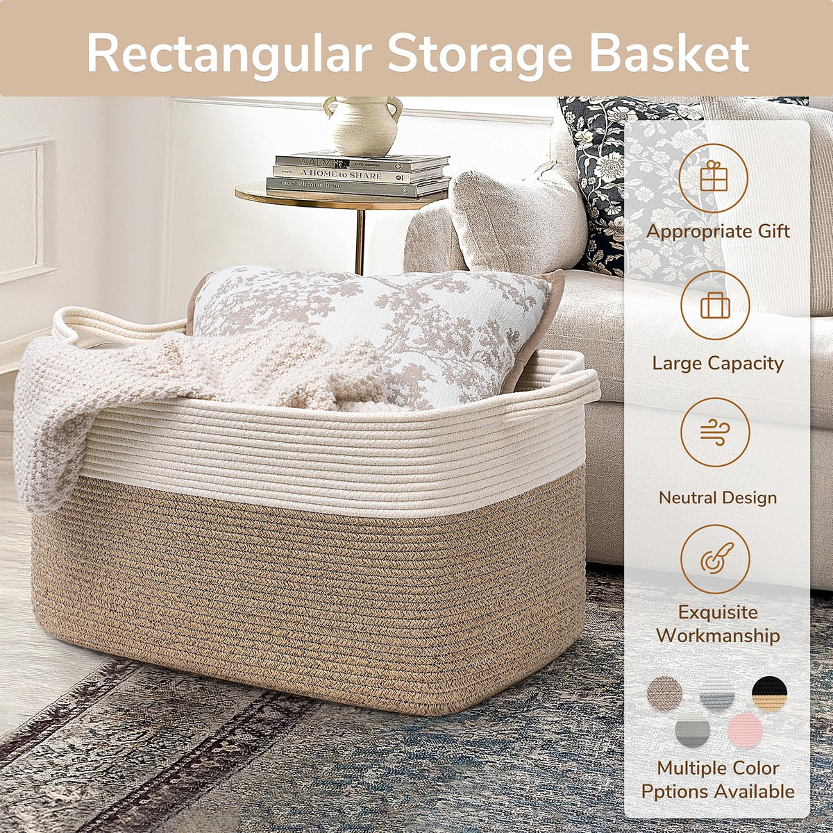 Goodpick Large Woven Blanket Basket, 21.6" x 14.9" x 11.8" Storage Baskets for Organizing, Rectangle Cotton Rope Toy Basket for Living Room, Bedroom, White & Brown