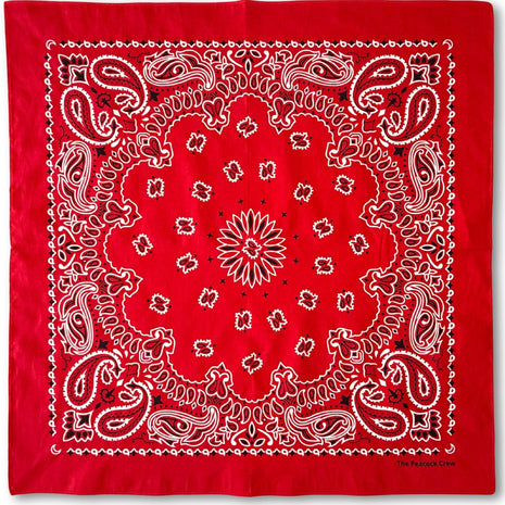 The Peacock Crew Red Bandana for Men and Women in Premium Soft Cotton – Classic Western Cowboy Paisley Scarf, Versatile Headband or Neck Accessory, Gift Kraft Packaging