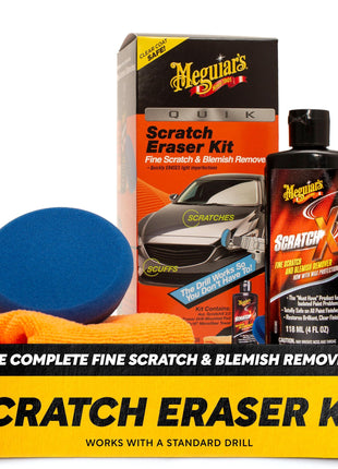 Meguiar's Quik Eraser Kit, Car Scratch Remover for Repairing Surface Blemishes, Car Scratch Repair Kit with ScratchX, Drill-Mounted Pad, and Microfiber Towel, 4 Count