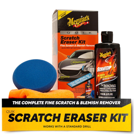 Meguiar's Quik Eraser Kit, Car Scratch Remover for Repairing Surface Blemishes, Car Scratch Repair Kit with ScratchX, Drill-Mounted Pad, and Microfiber Towel, 4 Count