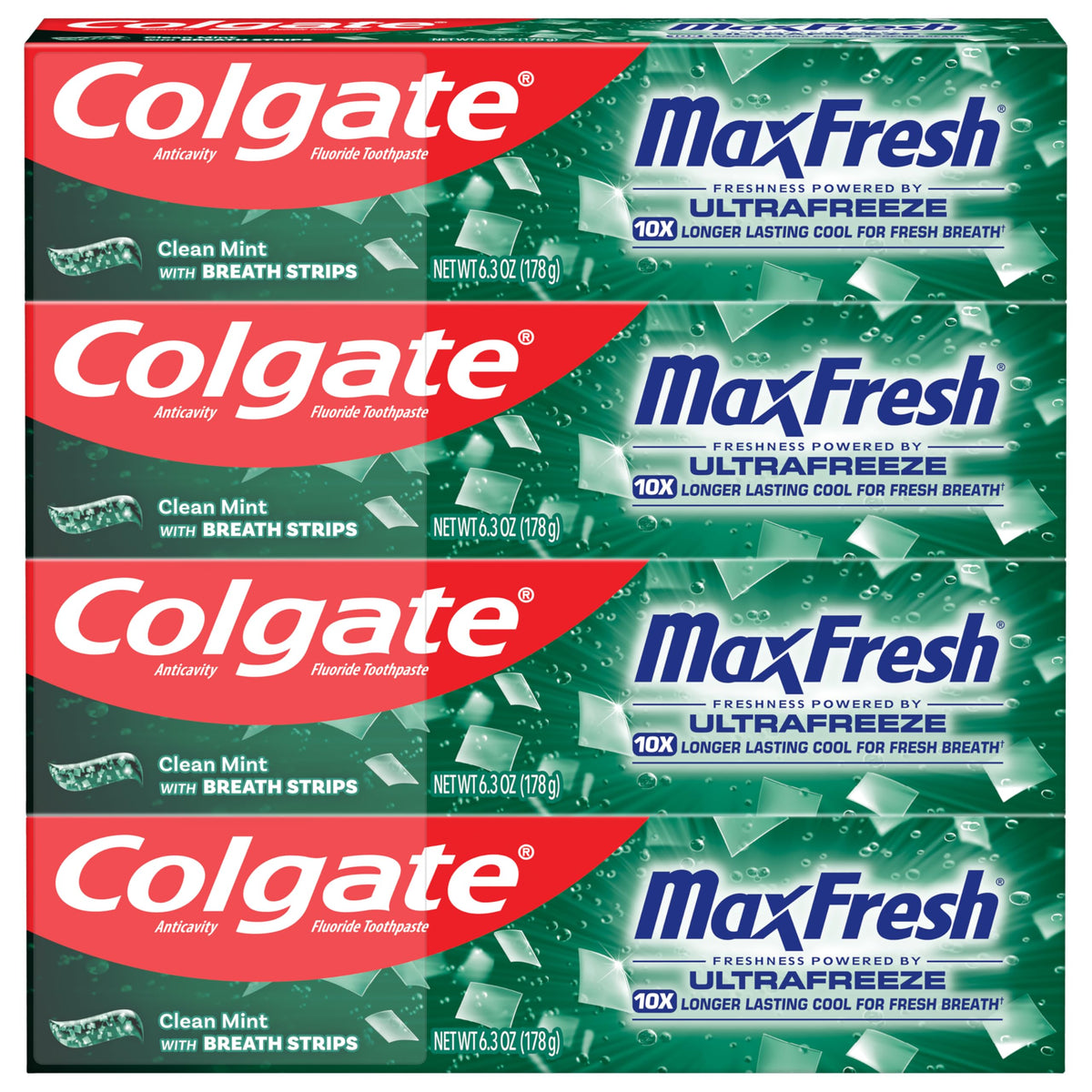 Colgate MaxFresh Clean Mint Toothpaste Pack, Fresh Breath Toothpaste with Fluoride and Hundreds of Mini Breath Strips, Leaves Mouth Feeling Refreshed for Hours, 4 Pack, 6.3 oz