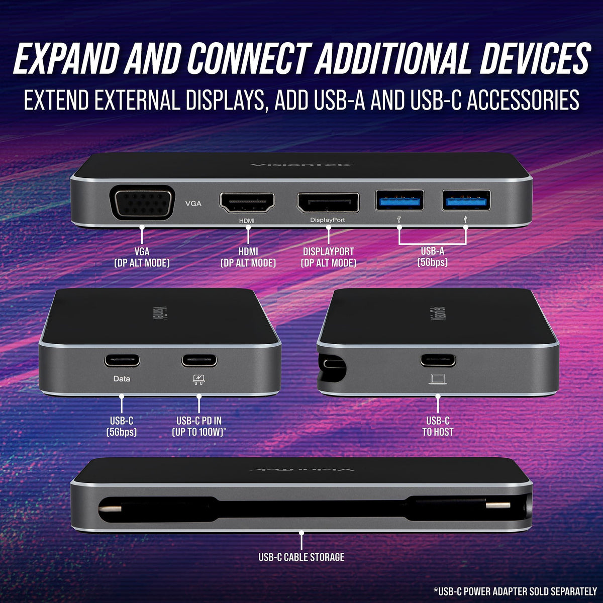 VisionTek VT200 Portable USB-C Dual Monitor Hub - 1x DP, 1x HDMI, 1x VGA, 2X USB-A Ports, 1x USB-C for Windows/MacOS/ChromeOS/iOS
