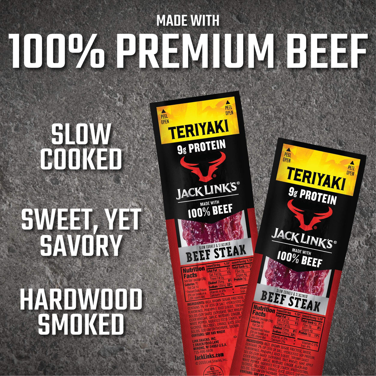 Jack Link's Beef Steak, Teriyaki - Protein Snacks, Meat Snack with 9g of Protein, Made with 100% Beef, Individually Wrapped Bulk Snack Pack, Keto Friendly - 1 Oz. (12 Count)