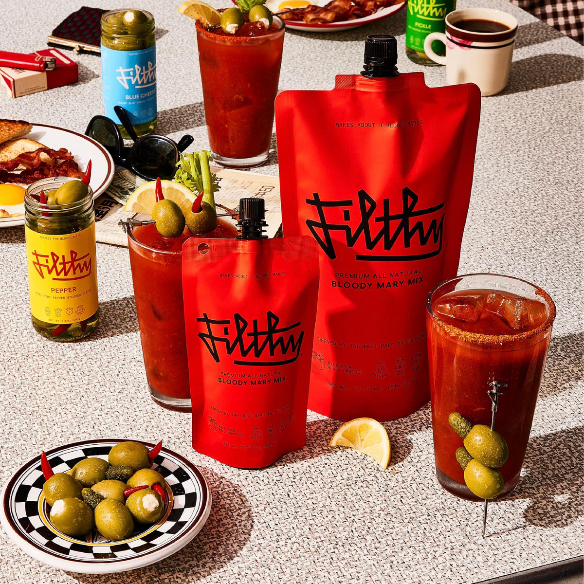 Filthy Bloody Mary Mix, Premium Cocktail Mixer, All-Natural, Non-GMO, Vegan & Gluten-Free, Travel Friendly for Vacation, Brunch, Home Bars and Hosting, Made From Real Tomatoes, 32 Oz Pouch, 2 Pack