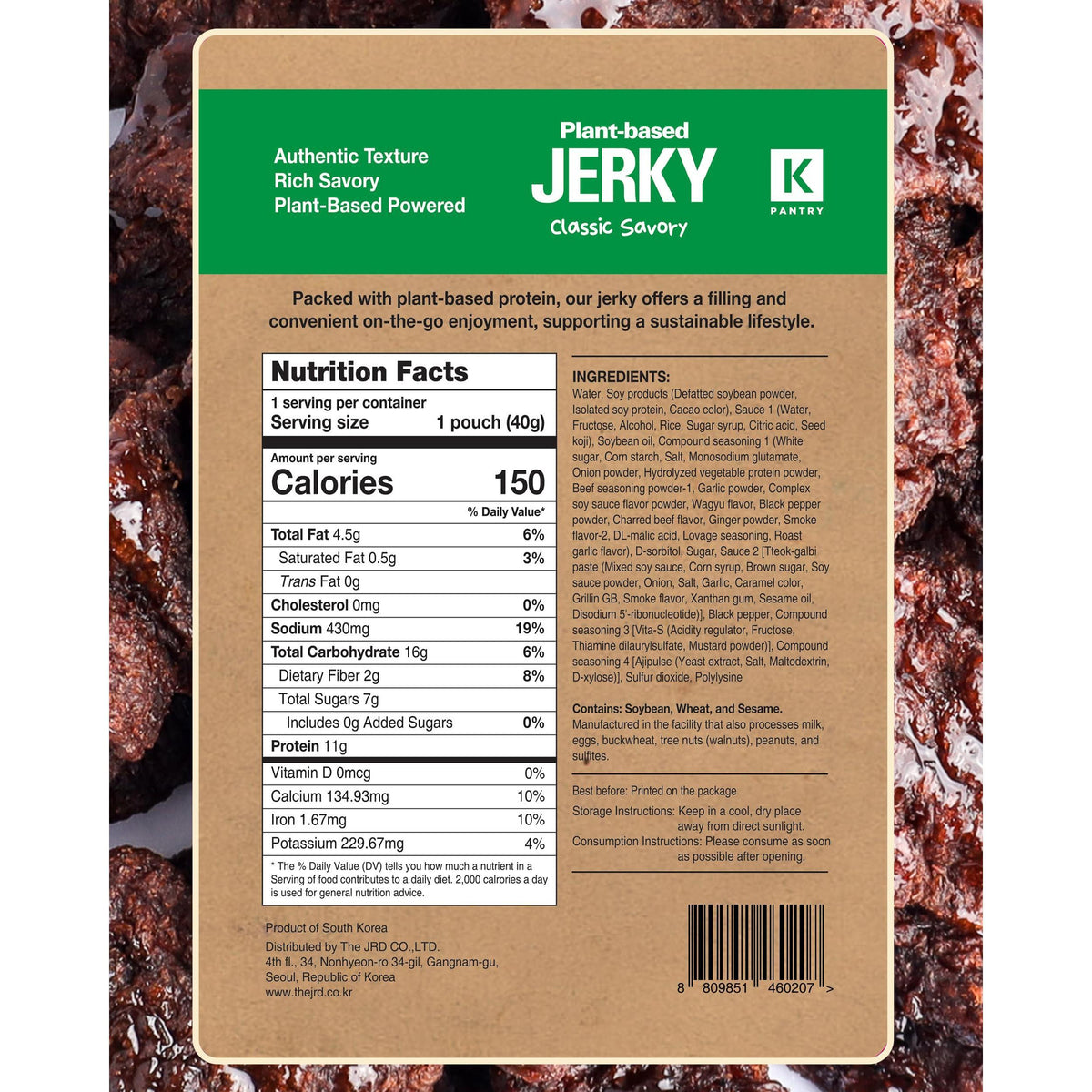Vegan Jerky Korean Classic Savory – Umami Flavor 11g Plant-Based Non-GMO Soy Protein, Low-Fat On the Go Snack - 150 Calories Per Bag, 1.35oz. Pack of 3