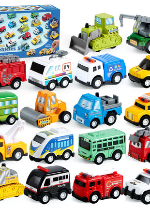JOYIN 18 Pcs Pull Back City Cars and Trucks Toy Vehicles Set, Friction Powered Mini Cars Toys for Toddlers, Party Favors for Kids 3-5, Birthday Gifts for Boys and Girls, Goodie Bag Stuffers