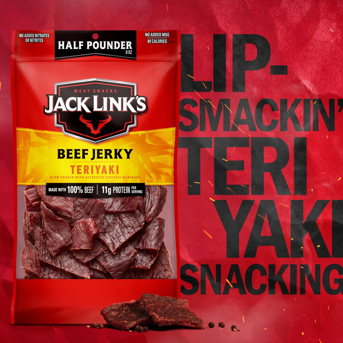 Jack Link's Beef Jerky, Teriyaki, Half Pounder Large Jerky Bag - Flavorful Meat Snack, Ready to Eat Protein Snacks with 11g of Protein per Serving, Made with 100% Beef