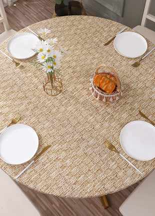 Round Vinyl Fitted Tablecloth with Flannel Backing Elastic Edge Design Table Cover Waterproof Oil Proof PVC Table Cloth Stain Resistant Best for 45 inch 56 inch Round