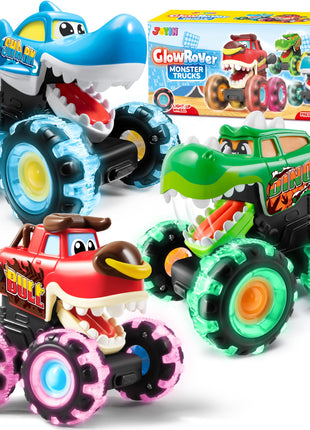 JOYIN 3 Pack Monster Truck Toy - Motion Activated Light Up Cars for Toddlers - Monster Glow Rover LED Wheels - Baby Boy Toys - Press and Go Dinosaur Trucks for Kids Boy Birthday Gifts
