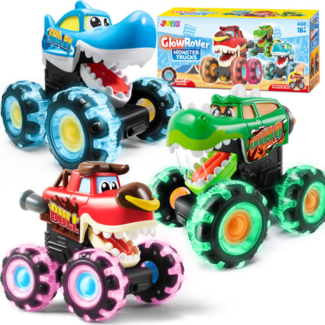 JOYIN 3 Pack Monster Truck Toy - Motion Activated Light Up Cars for Toddlers - Monster Glow Rover LED Wheels - Baby Boy Toys - Press and Go Dinosaur Trucks for Kids Boy Birthday Gifts
