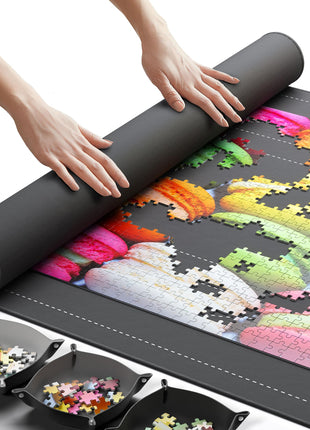 The Original Newverest Jigsaw Puzzle Mat Roll Up, Saver Pad 46" x 26" Portable Keeper Up to 1500 Pieces with Non-Slip Rubber Bottom & Smooth Top + 3 Puzzle Sorting Trays & Travel-Friendly Storage Bag