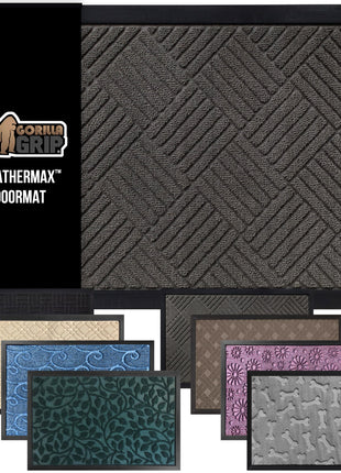 GORILLA GRIP 100% Waterproof All Season WeatherMax Doormat US Designed Natural Rubber, Stain and Fade Resistant, Low Profile Indoor Outdoor Door Mats, Easy Clean Patio Mat, 17x29, Gray Diamond