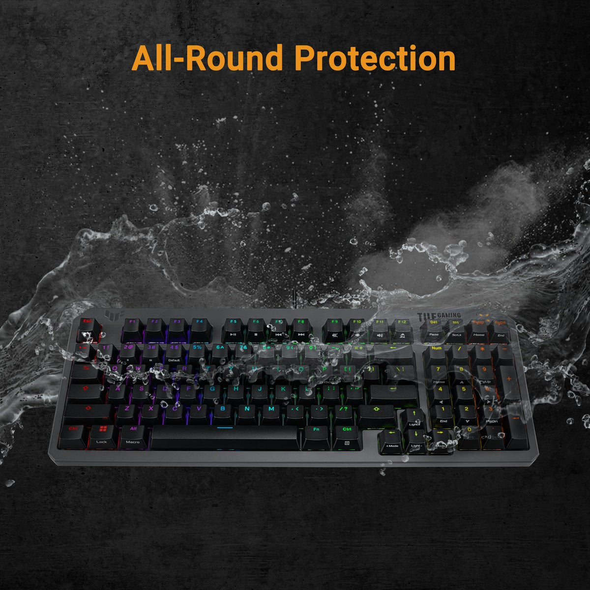 ASUS TUF Gaming K3 Gen II keyboard with compact 97-key, optical-mechanical RGB Blue (Clicky) switches, silicone-gasket mount, dampening foam, IP57 waterproofing, a detachable top plate, and Aura Sync.