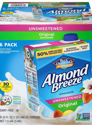 Almond Breeze Dairy Free Almondmilk Unsweetened Original 32 Oz Boxes, 6 Count