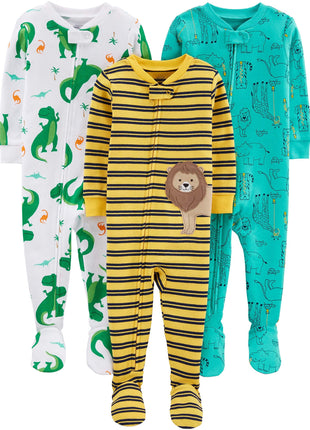 Simple Joys by Carter's Baby Boys' Snug-Fit Footed Cotton Pajamas, Pack of 3, Dinosaur/Animal, 12 Months
