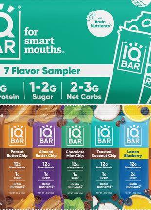 IQBAR Brain and Body Plant Protein Bars - 7 Bar Sampler Pack - Gluten Free, High Fiber, Vegan Snacks - Low Sugar Meal Replacement