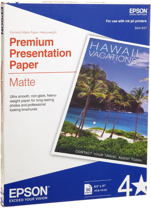 Epson Premium Presentation Paper, Matte White, Letter, 50 Sheets