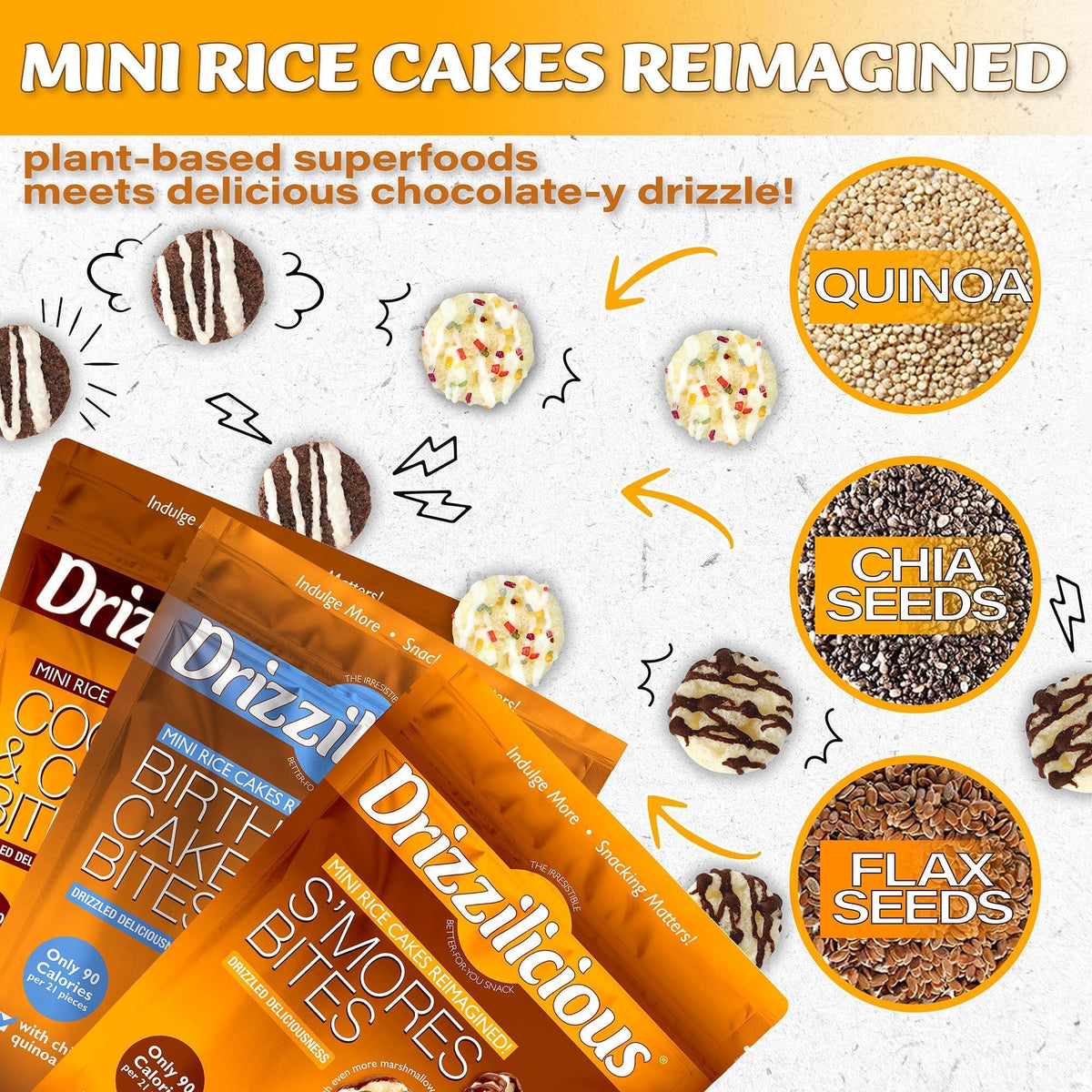 Drizzilicious Mini Rice Cakes Variety Pack - Rice Crisps, Healthy Snack for Adults and Kids, Flavored Rice Cakes, Vegan, Gluten Free, Allergen Free, Only 90 Calories Per Bag - 0.74 oz (Pack of 12)