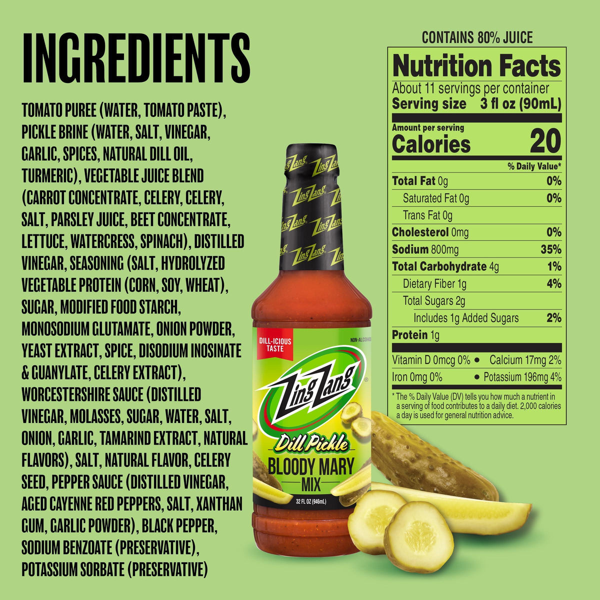Zing Zang Dill Pickle Bloody Mary Mix, Non-Alcoholic Cocktail Mixer, 32 Fl Oz Bottle (Pack of 1)