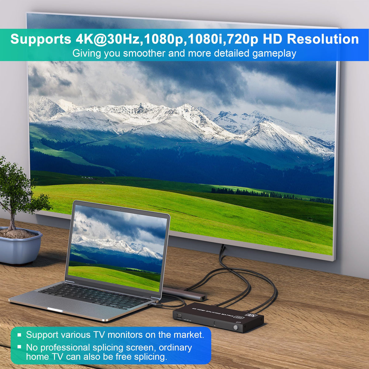 4K Video Wall Controller 2x2 TV Wall Controller 4x1 - HDMl Video Wall Processor with Remote, 8 Splicing Modes, HDMI/VGA Inputs, Splicing Display for 4 TV Screens into 1 Wall Display