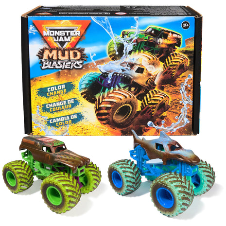 Monster Jam Mud Blasters Grave Digger & Megalodon 2-Pack | Includes 2 Color Change Trucks, Dunk in Water to Reveal Clean Trucks, Exciting Pretend Play, Toys for Ages 3 and Up