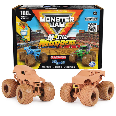 Monster Jam, Mystery Mudders 2-Pack Monster Trucks, Official 1:64 Die-Cast Vehicles, Wash to Reveal (Styles Will Vary), Kids Toys for Boys 3 and Up